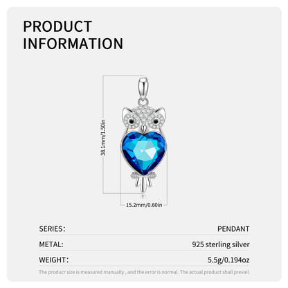 Owl S925 Silver Blue Crystal Necklace Pendant With Love