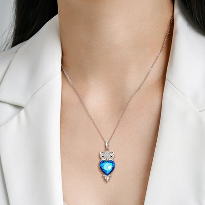 Owl S925 Silver Blue Crystal Necklace Pendant With Love